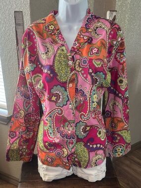 Vera Bradley Pink Paisley Print Shirt with Lime and Purple Accents
